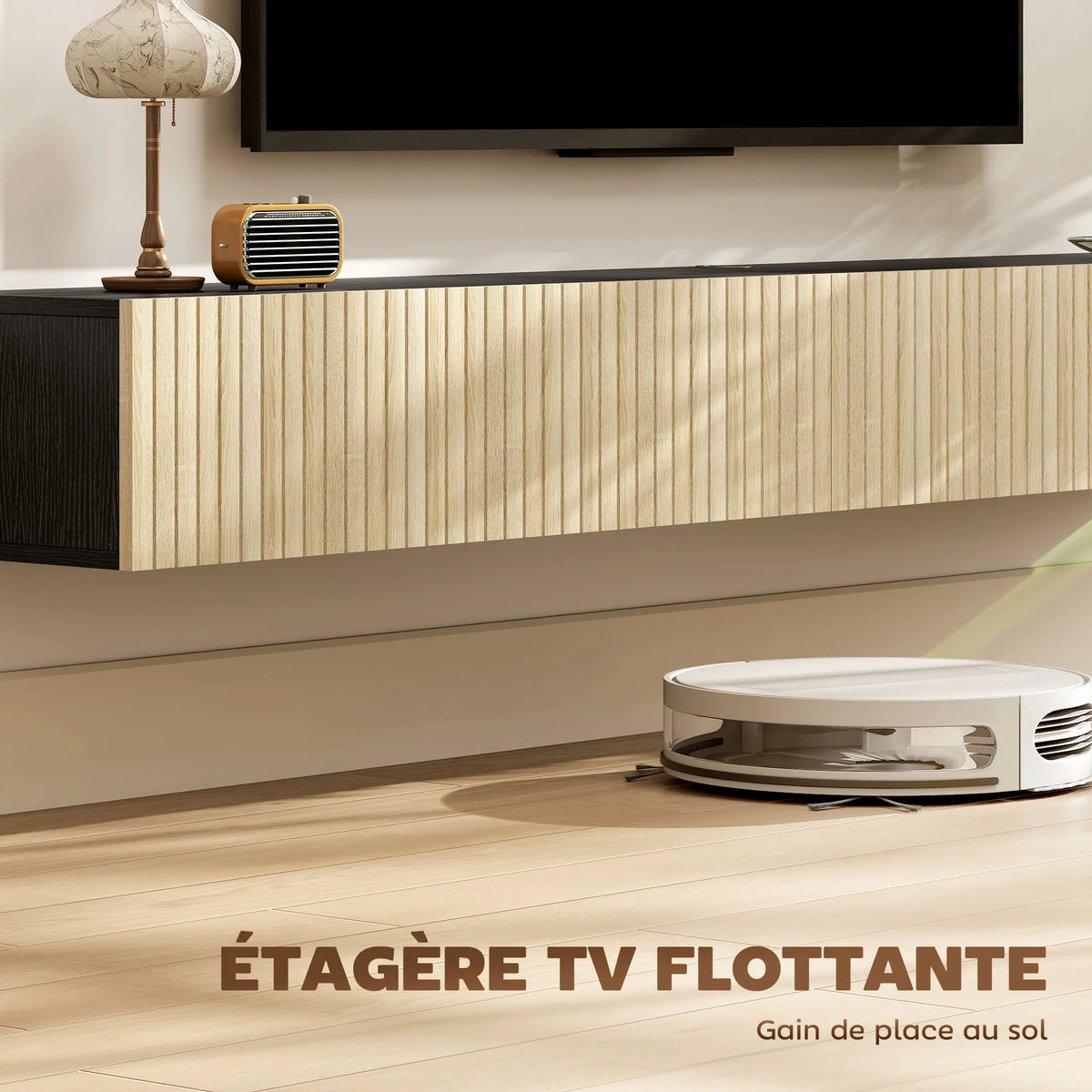 Homcom 140cm Floating Wall-Mounted Tv Cabinet, Tv Unit for Tvs up to 72 Inches with 2 Fluted Flip-Up Doors, Wall-Mounted Tv Bench for Living Room, Bedroom, Natural Wood and Black