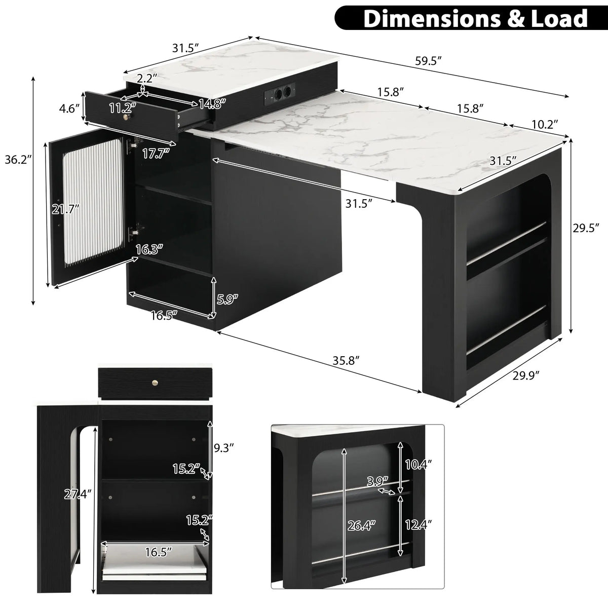 Expandable Black Kitchen Island and Dining Table with Storage, Marble-Effect Top, Integrated Power Outlets, 80×71-151×92 cm