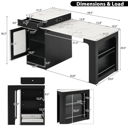 Expandable Black Kitchen Island and Dining Table with Storage, Marble-Effect Top, Integrated Power Outlets, 80×71-151×92 cm