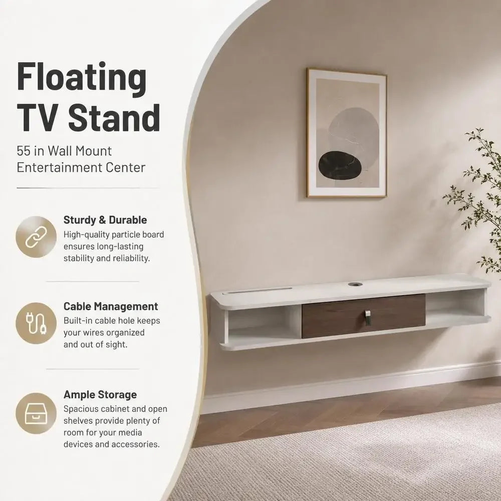 Floating TV Stand 140 X 23.6 X 16 Cm Wall Mounted Media Console White Particle Board with Cable Management