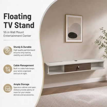 Floating TV Stand 140 X 23.6 X 16 Cm Wall Mounted Media Console White Particle Board with Cable Management