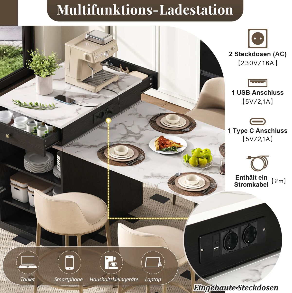 Expandable Black Kitchen Island and Dining Table with Storage, Marble-Effect Top, Integrated Power Outlets, 80×71-151×92 cm