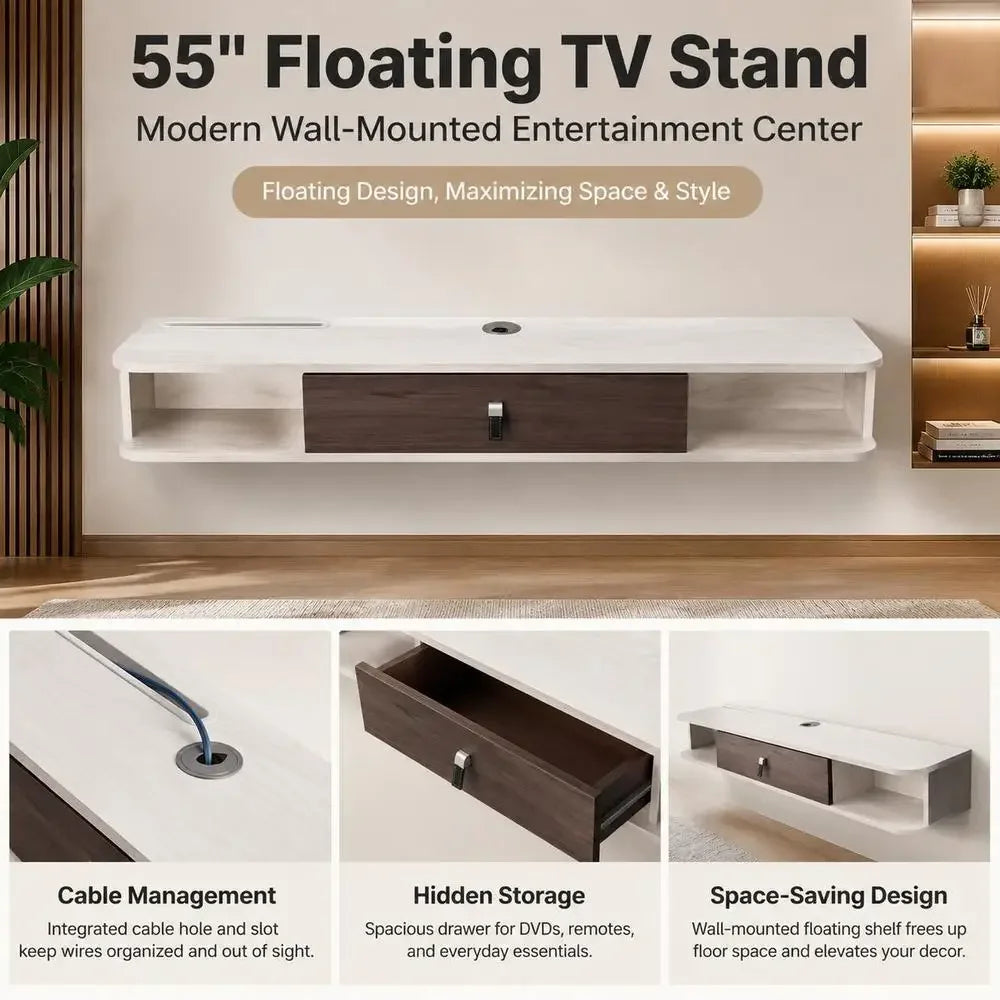 Floating TV Stand 140 X 23.6 X 16 Cm Wall Mounted Media Console White Particle Board with Cable Management