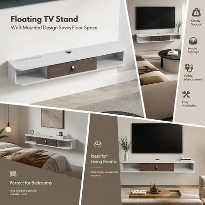 Floating TV Stand 140 X 23.6 X 16 Cm Wall Mounted Media Console White Particle Board with Cable Management