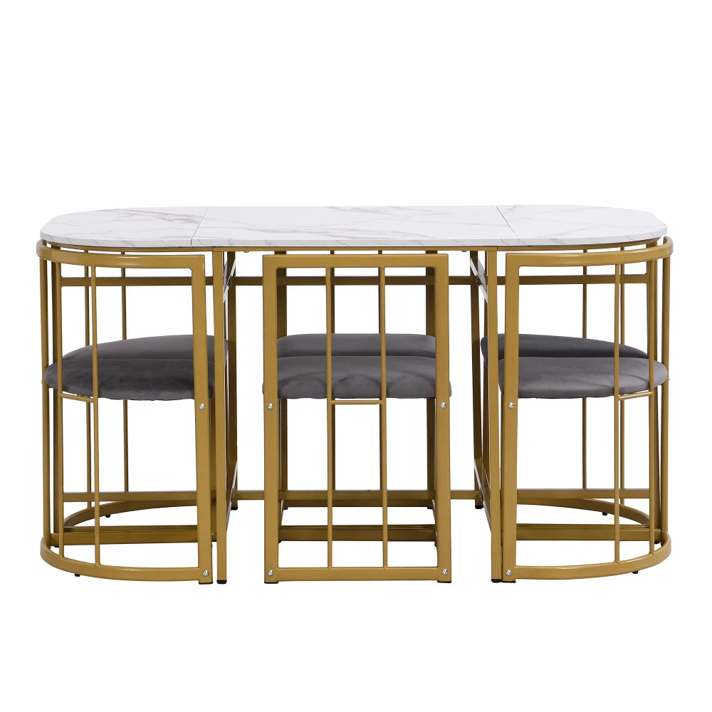 Six-Chair Dining Table Set:(White Table, Chairs with Backrests and Grey Upholstery, Gold Iron Frame),Dining Table and Chair Set