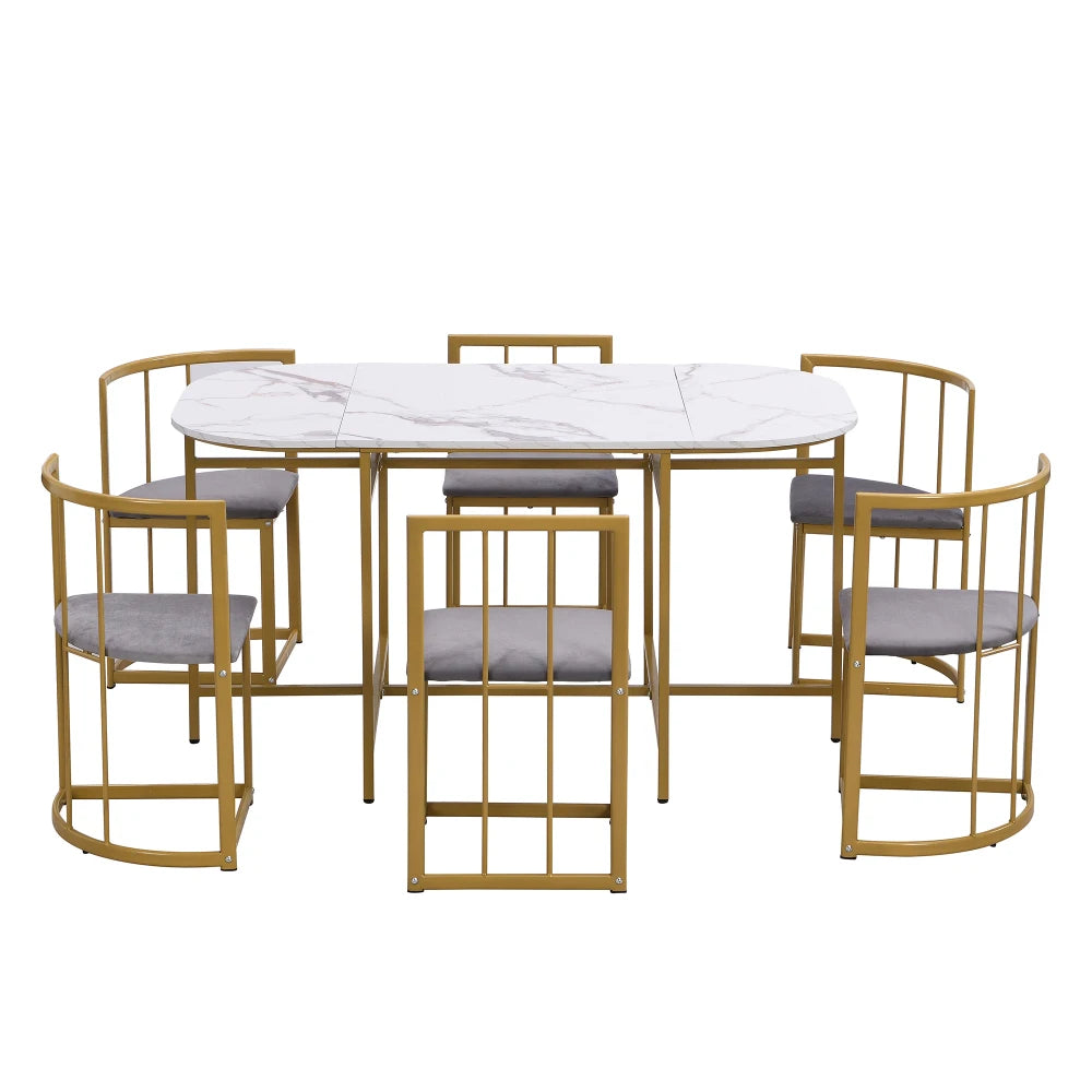 Six-Chair Dining Table Set:(White Table, Chairs with Backrests and Grey Upholstery, Gold Iron Frame),Dining Table and Chair Set