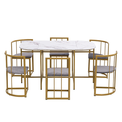 Six-Chair Dining Table Set:(White Table, Chairs with Backrests and Grey Upholstery, Gold Iron Frame),Dining Table and Chair Set