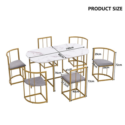Six-Chair Dining Table Set:(White Table, Chairs with Backrests and Grey Upholstery, Gold Iron Frame),Dining Table and Chair Set