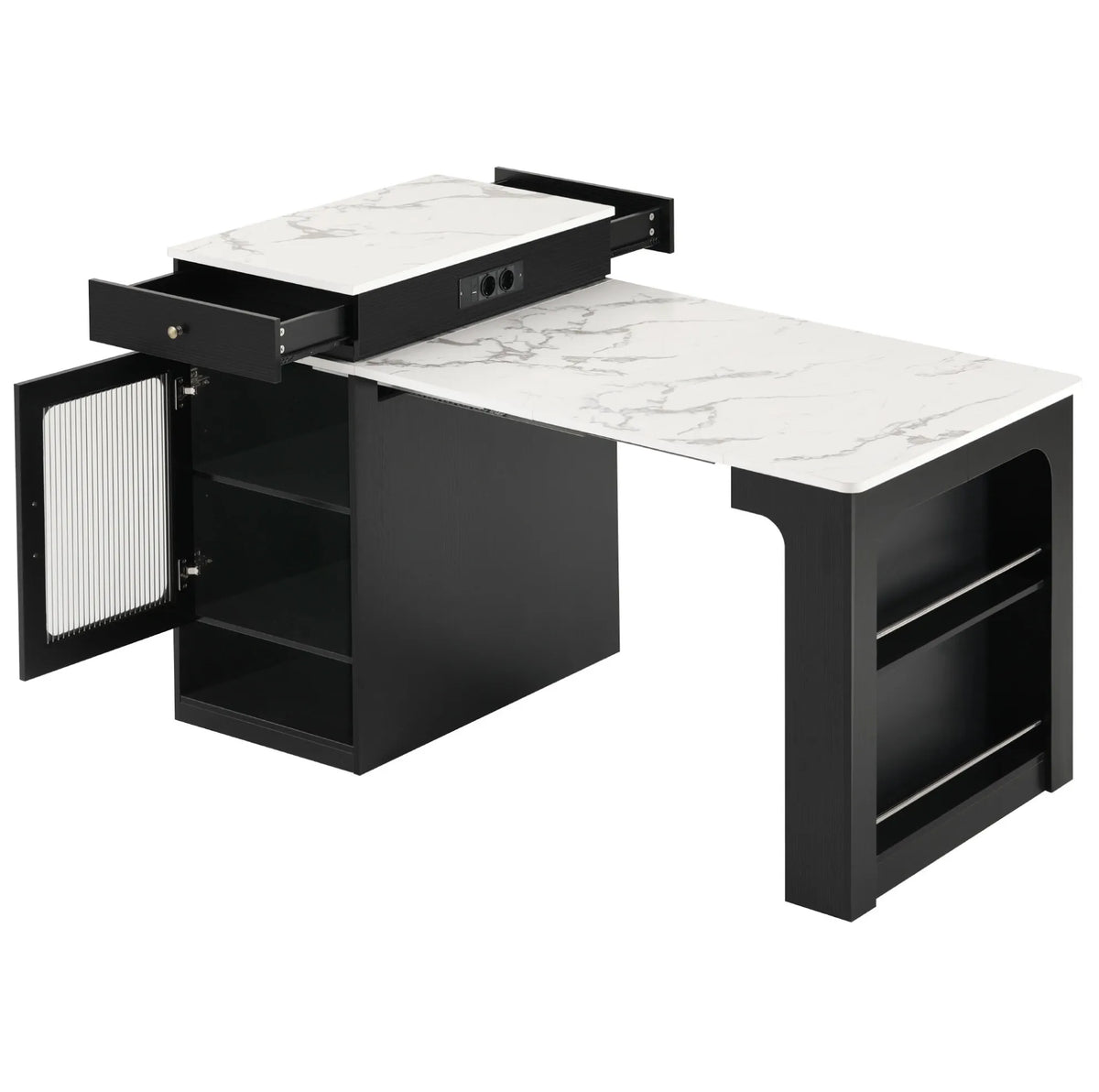 Expandable Black Kitchen Island and Dining Table with Storage, Marble-Effect Top, Integrated Power Outlets, 80×71-151×92 cm