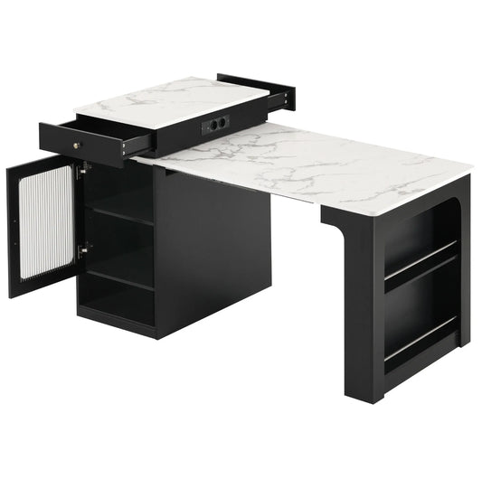Expandable Black Kitchen Island and Dining Table with Storage, Marble-Effect Top, Integrated Power Outlets, 80×71-151×92 cm