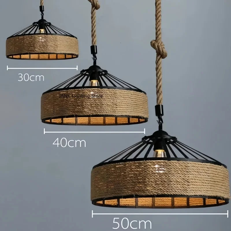 Retro Hemp Rope Indoor Pendant Lights Fixture American Vintage Loft Restaurant Kitchen Hanging Lamp Suspension Round Warm Light