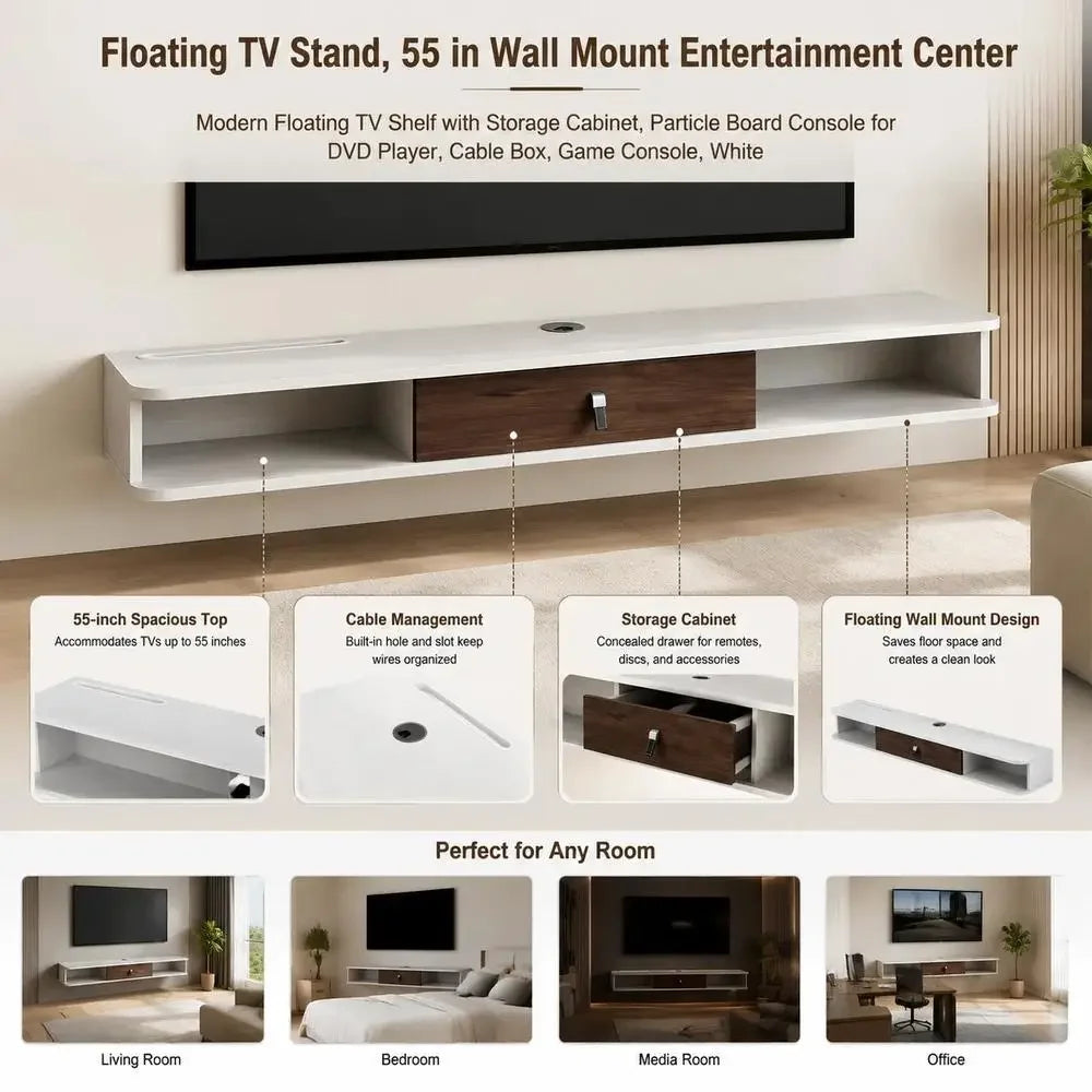 Floating TV Stand 140 X 23.6 X 16 Cm Wall Mounted Media Console White Particle Board with Cable Management