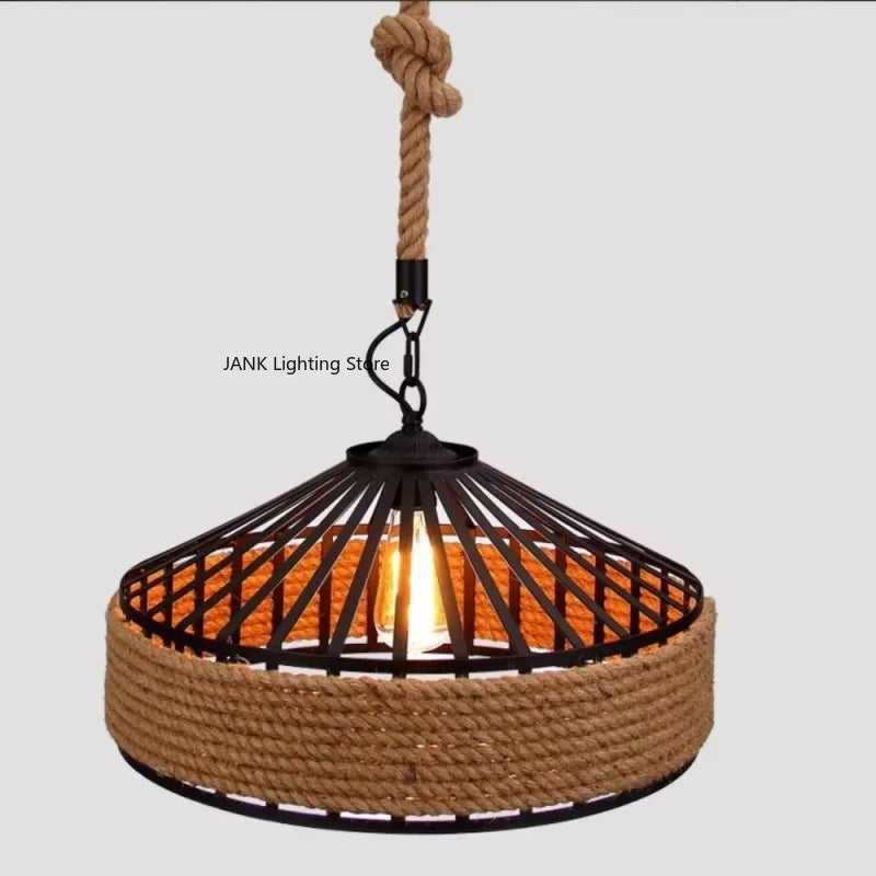 Retro Hemp Rope Indoor Pendant Lights Fixture American Vintage Loft Restaurant Kitchen Hanging Lamp Suspension Round Warm Light