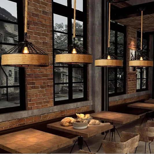Retro Hemp Rope Indoor Pendant Lights Fixture American Vintage Loft Restaurant Kitchen Hanging Lamp Suspension Round Warm Light