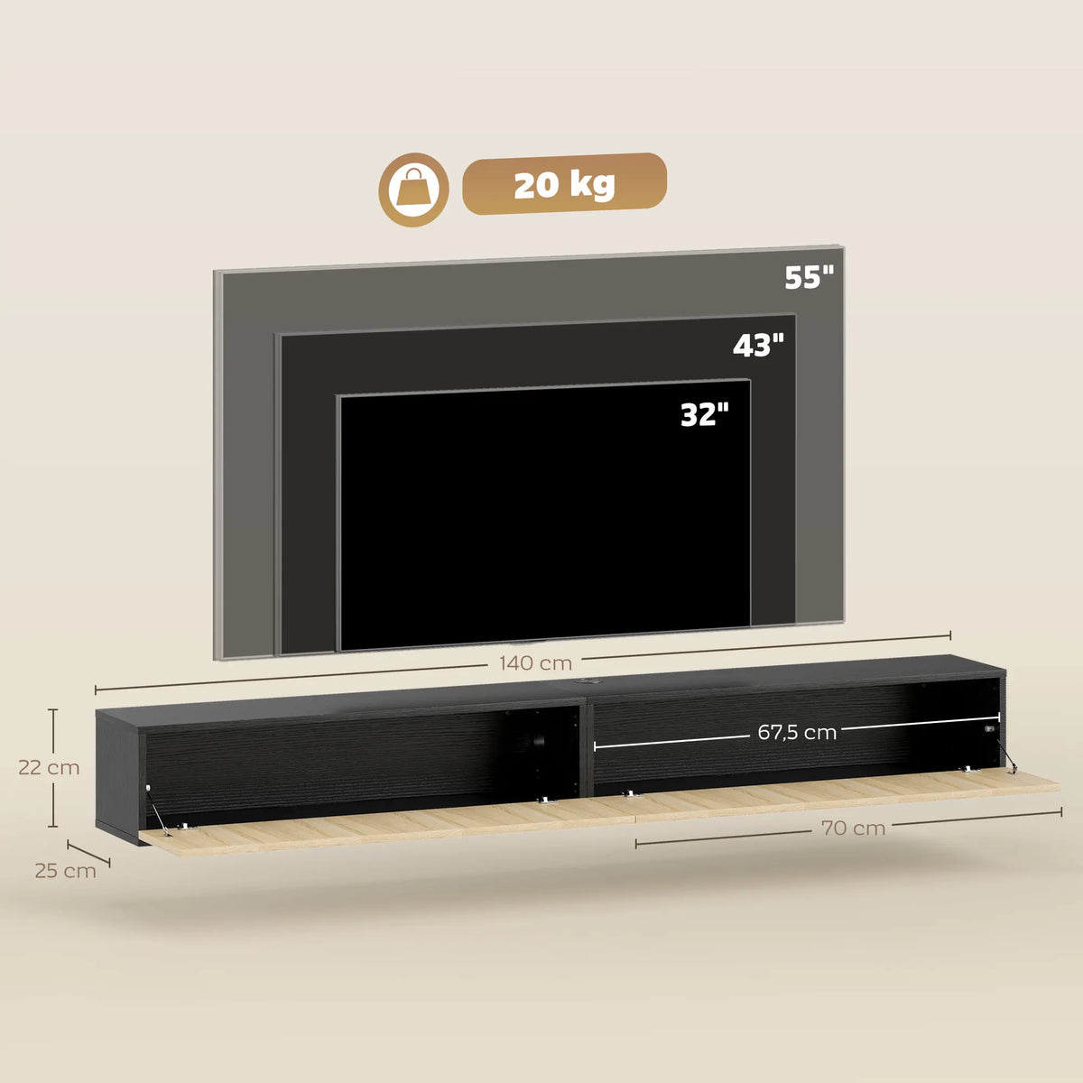 Homcom 140cm Floating Wall-Mounted Tv Cabinet, Tv Unit for Tvs up to 72 Inches with 2 Fluted Flip-Up Doors, Wall-Mounted Tv Bench for Living Room, Bedroom, Natural Wood and Black