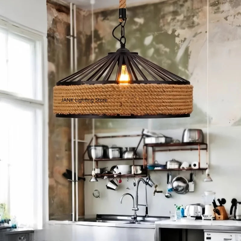 Retro Hemp Rope Indoor Pendant Lights Fixture American Vintage Loft Restaurant Kitchen Hanging Lamp Suspension Round Warm Light
