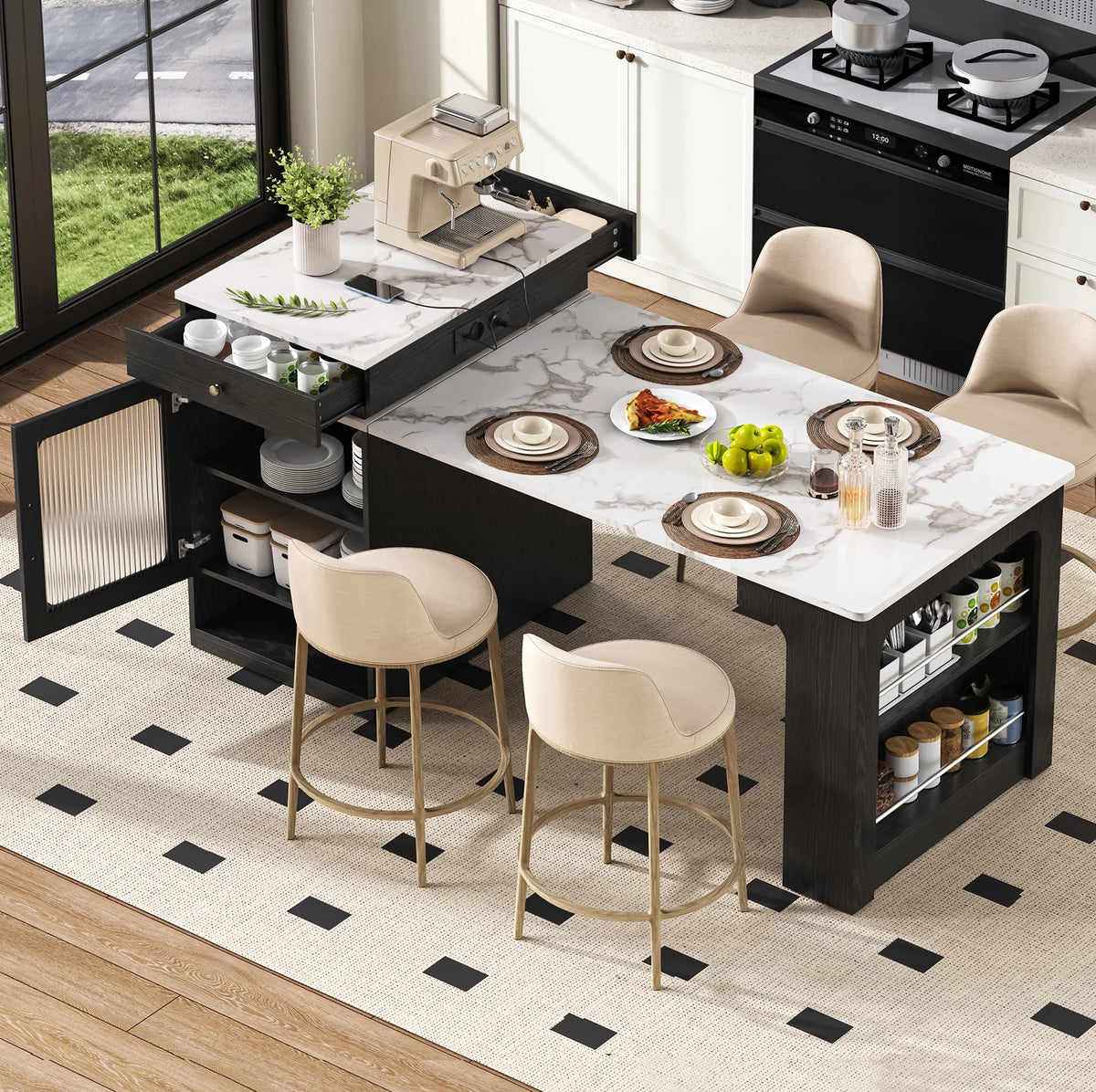 Expandable Black Kitchen Island and Dining Table with Storage, Marble-Effect Top, Integrated Power Outlets, 80×71-151×92 cm