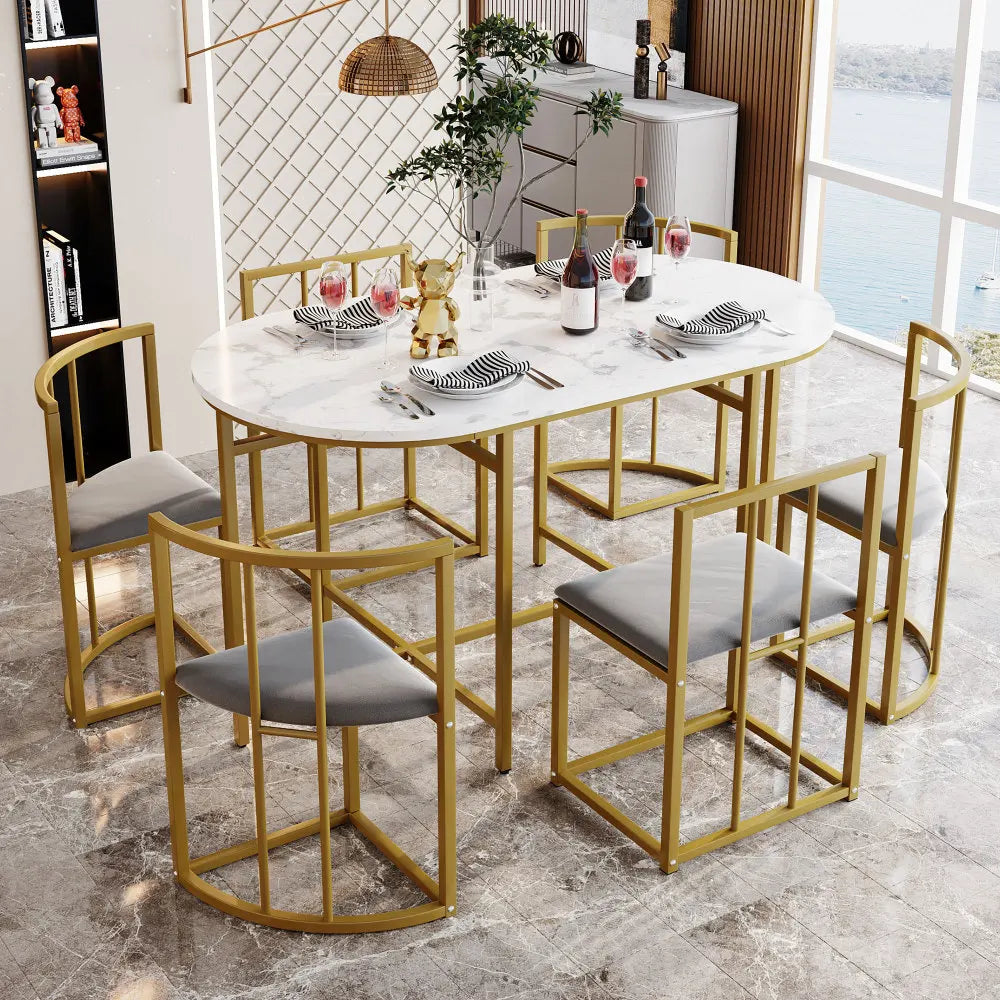 Six-Chair Dining Table Set:(White Table, Chairs with Backrests and Grey Upholstery, Gold Iron Frame),Dining Table and Chair Set