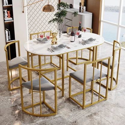Six-Chair Dining Table Set:(White Table, Chairs with Backrests and Grey Upholstery, Gold Iron Frame),Dining Table and Chair Set