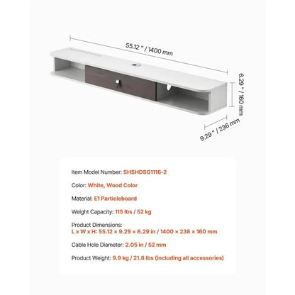 Floating TV Stand 140 X 23.6 X 16 Cm Wall Mounted Media Console White Particle Board with Cable Management