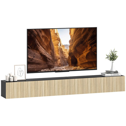 Homcom 140cm Floating Wall-Mounted Tv Cabinet, Tv Unit for Tvs up to 72 Inches with 2 Fluted Flip-Up Doors, Wall-Mounted Tv Bench for Living Room, Bedroom, Natural Wood and Black