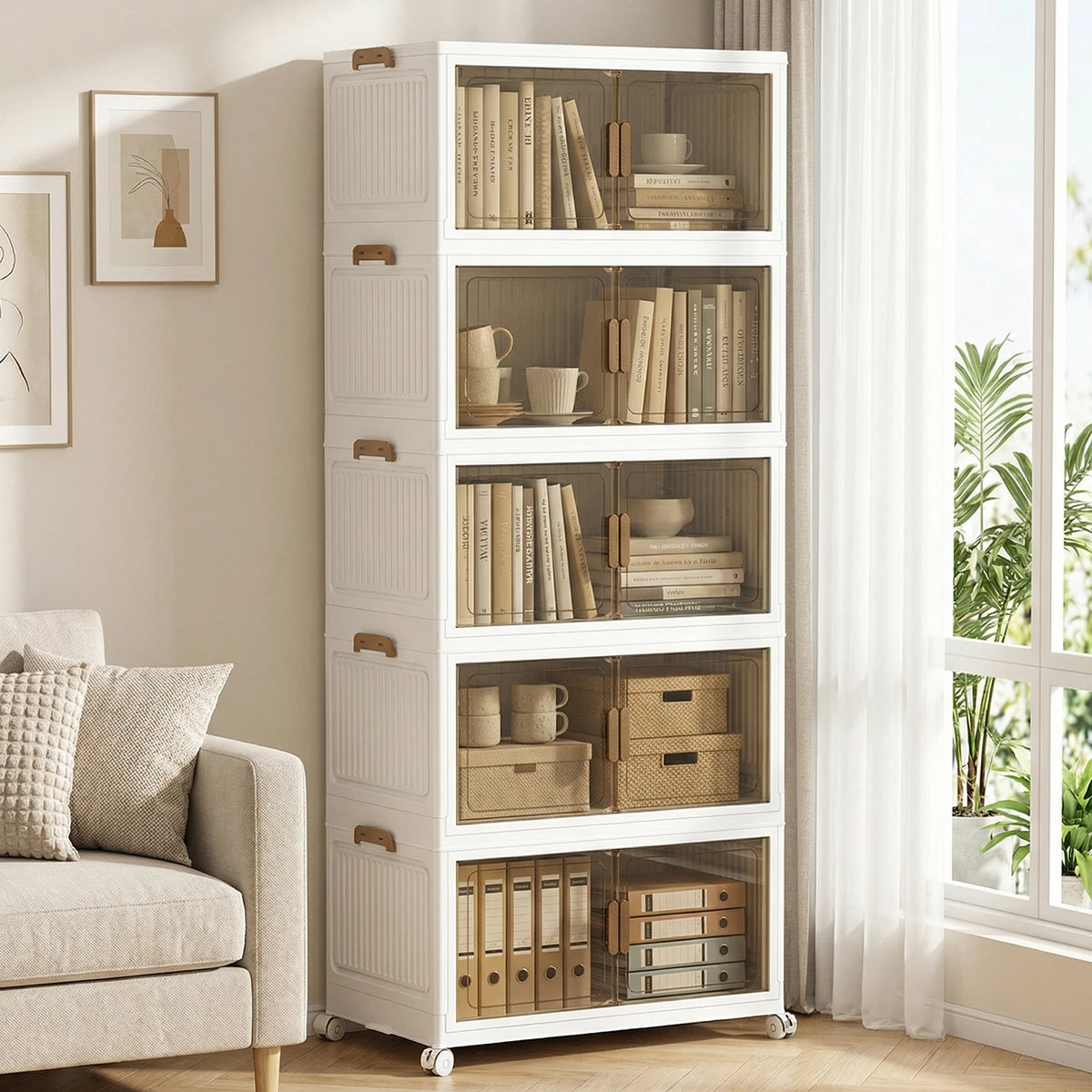 4/5-Layer Foldable Storage Cabinet with Wheels Stackable Wardrobe Organizer PP Transparent Doors for Clothes Toys Home