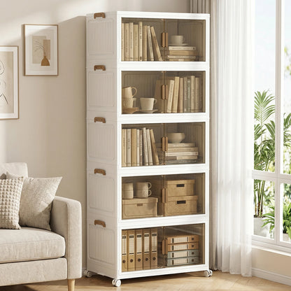 4/5-Layer Foldable Storage Cabinet with Wheels Stackable Wardrobe Organizer PP Transparent Doors for Clothes Toys Home