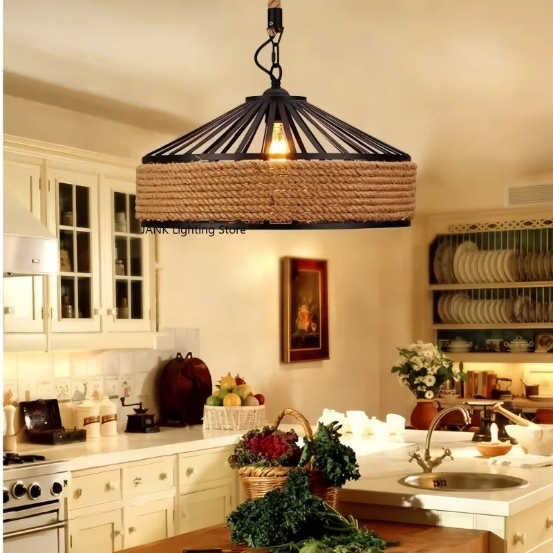 Retro Hemp Rope Indoor Pendant Lights Fixture American Vintage Loft Restaurant Kitchen Hanging Lamp Suspension Round Warm Light