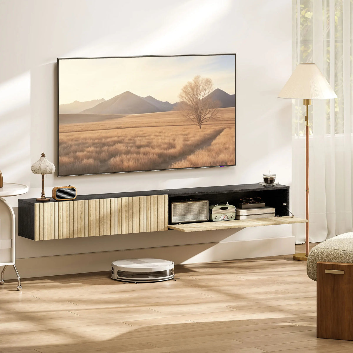 Homcom 140cm Floating Wall-Mounted Tv Cabinet, Tv Unit for Tvs up to 72 Inches with 2 Fluted Flip-Up Doors, Wall-Mounted Tv Bench for Living Room, Bedroom, Natural Wood and Black