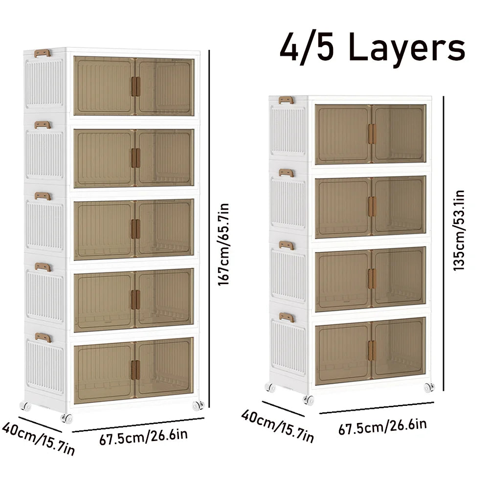 4/5-Layer Foldable Storage Cabinet with Wheels Stackable Wardrobe Organizer PP Transparent Doors for Clothes Toys Home