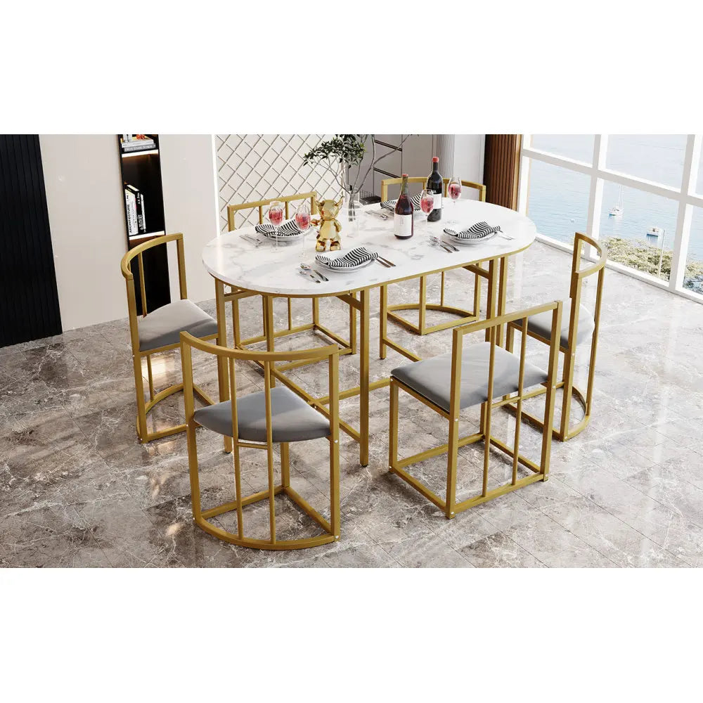Six-Chair Dining Table Set:(White Table, Chairs with Backrests and Grey Upholstery, Gold Iron Frame),Dining Table and Chair Set