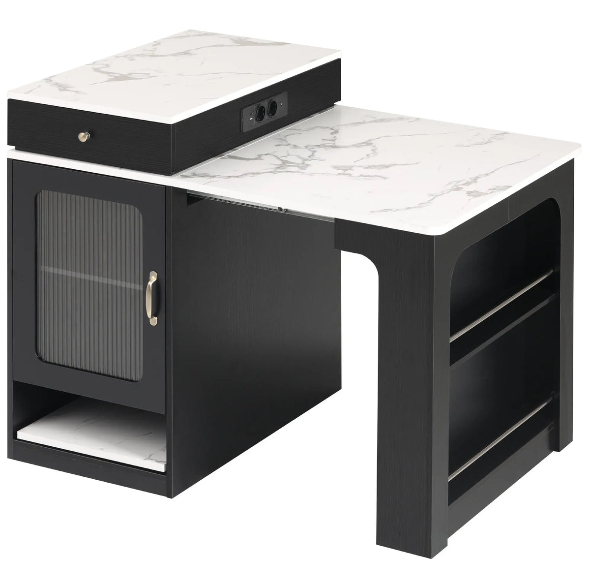 Expandable Black Kitchen Island and Dining Table with Storage, Marble-Effect Top, Integrated Power Outlets, 80×71-151×92 cm