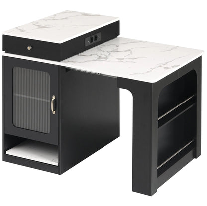 Expandable Black Kitchen Island and Dining Table with Storage, Marble-Effect Top, Integrated Power Outlets, 80×71-151×92 cm