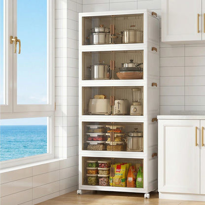 4/5-Layer Foldable Storage Cabinet with Wheels Stackable Wardrobe Organizer PP Transparent Doors for Clothes Toys Home
