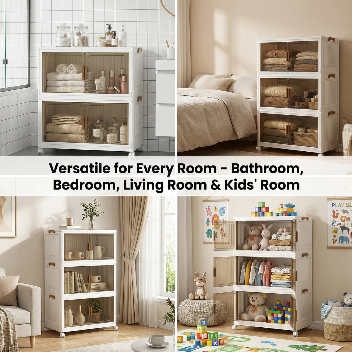 4/5-Layer Foldable Storage Cabinet with Wheels Stackable Wardrobe Organizer PP Transparent Doors for Clothes Toys Home