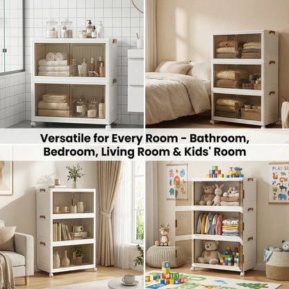 4/5-Layer Foldable Storage Cabinet with Wheels Stackable Wardrobe Organizer PP Transparent Doors for Clothes Toys Home