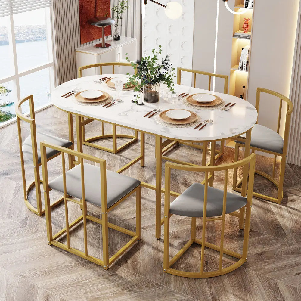 Six-Chair Dining Table Set:(White Table, Chairs with Backrests and Grey Upholstery, Gold Iron Frame),Dining Table and Chair Set