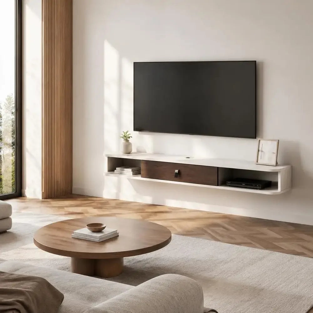 Floating TV Stand 140 X 23.6 X 16 Cm Wall Mounted Media Console White Particle Board with Cable Management