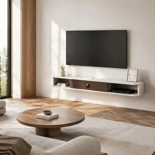 Floating TV Stand 140 X 23.6 X 16 Cm Wall Mounted Media Console White Particle Board with Cable Management